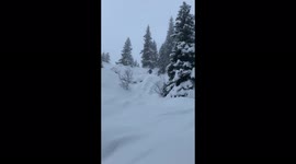 'Skiing buddies bump into each other while heading down a puffy hill
'