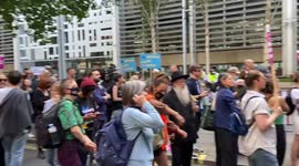 Thousands of people gather outside the Home Office in protest against refugee deportations to Rwanda
