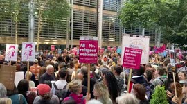 Thousands of people gather outside the Home Office in protest against refugee deportations to Rwanda