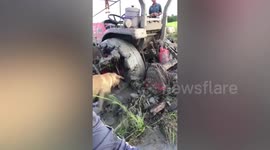 Smart pet dog helps owner dig stuck tractor out of mud