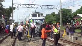 Long Distance Train Drags Minibus Cars In Tambun Bekasi, West Java