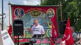 RMT union’s Eddie Dempsey speaks at a rail workers rally in London