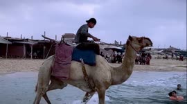 A person riding a camel enters the seashore of Gaza City