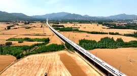 Aerial footage of a train in wheat fields of Binzhou, China