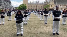 Animal rights activists holding dead animals stage a memorial outside Parliament