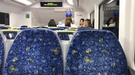Young woman travels with handbag on head on a Sydney train