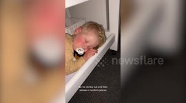 Meet the tot who will fall asleep anywhere but his own cot including in his wardrobe, on a shelf and even on his pet dog