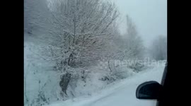 Dangerous road to ski center Kaimaktsalan (Vorras) at Greece. Beautiful Snow Place