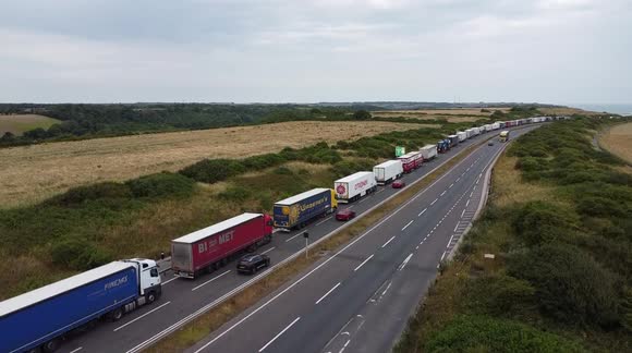 Drone footage shows huge queues of lorries waiting to get into Dover