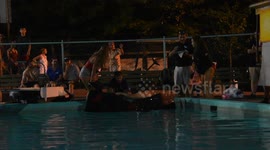 Cardboard boats with paddles beat by a simplistic boat and rubber chicken