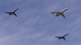 War aircrafts fly over river Neva at the General rehearsal for Navy Day in St Petersburg, Russia