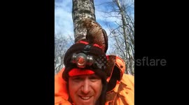 Curious grouse climbs onto hunter's head and starts pecking him
