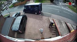 Lucky woman spots and successfully stops rolling truck before it hits something