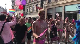 People celebrating Gay Pride in a massive parade through the main streets of Copenhagen
