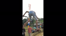 The guy is funny going through an obstacle course on the ropes!