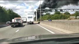 Lorry on fire south bound on the M1 just past junction 8 on 24th August 2022.