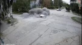 CCTV captures miraculous escape as shell lands next to car in Zelenodolsk, Ukraine