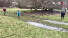 'Siblings try sliding across sheet of ice but THEY ALL FALL DOWN!'