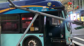 An MTA bus was involved in an accident destroying the street post and semaphore on the corner of Lexington avenue with 58 street in Manhattan