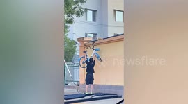 Man lifts up bike to rescue cat trapped on wall in China
