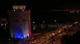 Lit in French Flag Colors Greece Landmark White Tower