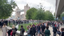 People Lining up to see the queen, goes past Tower Bridge and expands into the area of Bermondsey, People being herded like cattle through Tower Bridge to mitigate the Line