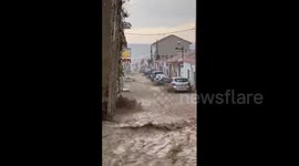 Completely flooded road in Madrid, Spain