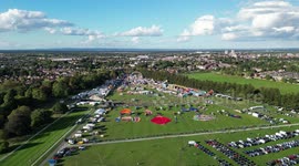 Yorkshire Balloon Fiesta 2022 has begun aerial drone footage on the Knavesmire in York England 23/9/2022