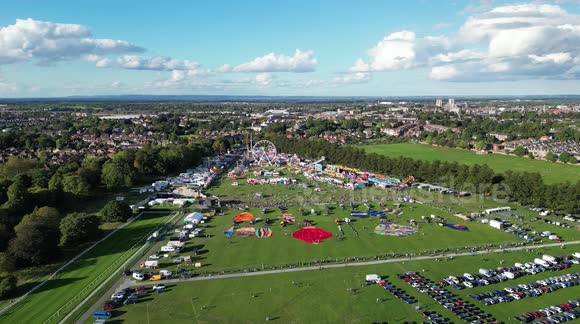 Yorkshire Balloon Fiesta 2022 has begun aerial drone footage on the Knavesmire in York England 23/9/2022