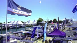 Boats docking at Progressive Norwalk Boat Show in Connecticut high view