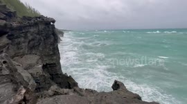 Hurricane Fiona causing splashing waves at Church Bay in Bermuda