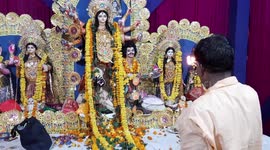 A Priest performing Puja Aarti at Vaishali sector 6 Puja pandal on Mahanavami at Vaishali sector 6 Ghaziabad Ghaziabad