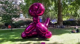 Artist Jeff Koons’ sculpture Balloon Monkey (Magenta), 2006-13, with an estimate of £6,000,000-10,000,000 on display in St James's Square, London, before being sold by Christie's to raise funds for humanitarian aid for Ukraine.