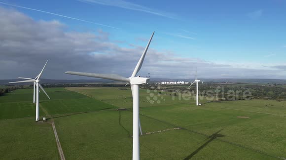 Drone slow motion of the wind turbines at Knabs Ridge Wind Farm hear Harrogate