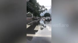 Huge tree falls into road hitting electricity cables following storm in Thailand