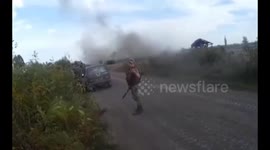 Russian military vehicle overturned on the move with soldiers during the retreat
