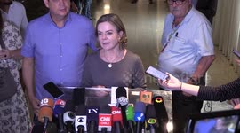 Federal deputy Gleisi Hoffmann speaks to the press in São Paulo, Brazil