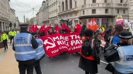 Just Stop Oil and Young Communist League protesters escorted by police to march on Piccadilly Circus after National Demonstration 