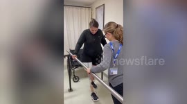 US mum who had leg amputated after tripping over in the garden has taken her first steps