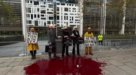 Activists wear fish head costumes and pinstripe suits against overfishing in front of London's DEFRA