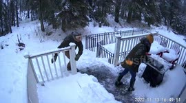 Prank sees wife almost hit husband around hit with snow shovel