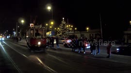Beautiful Christmas trams go out to the streets of Prague, Czechia