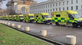 Ambulances at Wellington Barracks ready for use by the military during a paramedics strike