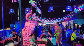Lunar New Year: LED Lion Dance in Food Bazaar at Melaka Malaysia
