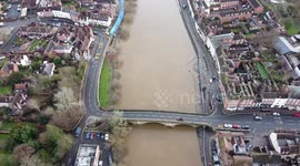 Aerial drone footage of River Severn in Bewdley with levels expected to reach 4 metres higher by the weekend after heavy rainfall
