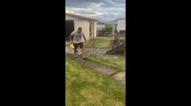 Man pranks wife by pouring flour into his leaf blower while she is sitting on toilet