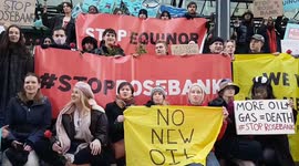 Climate change activists march in London with giant model whale against proposed Rosebank oil field