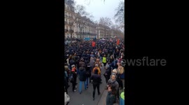 Huge procession of protesters against pension reform in Paris, France