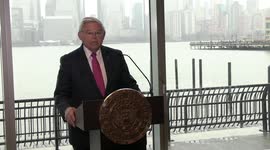 U.S. Senator Bob Menendez (D-N.J.) joins with New Jersey 9/11 widows and children, and other terror victim survivors and family members to celebrate the bipartisan Fairness for 9/11 Families Act at a press conference in Jersey City, New Jersey, United Sta