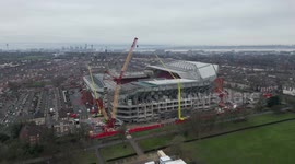 Drone footage of the ongoing construction of Liverpool FC's Anfield Road expansion.